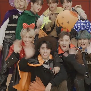 a group of young men posing for a photo with balloons in the shape of pumpkins Straykids Halloween Skz Halloween, Halloween Stray Kids, Stray Kids Halloween, saddle brown