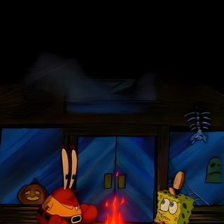 two cartoon characters sitting around a fire in the middle of a wooden floored room Spongebob Squarepants Halloween Funny Home, Halloween Ideas, Spooky Phone Backgrounds, Cartoon Iphone, black