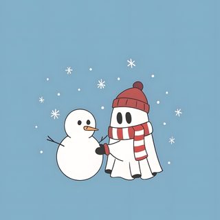 two snowmen standing next to each other on a blue background with snow flakes Cute Halloween And Christmas Cute Winter Ghost, Aesthetic Cute Snowman, Snowman Ideas, medium aquamarine