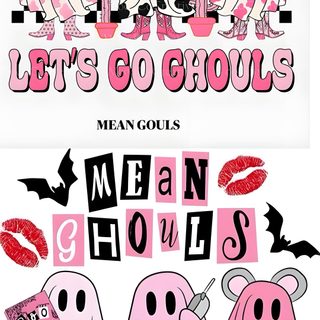 the poster for mean ghouls's men and women show is shown in pink Cute Halloween Mean Girls Ghoul Meaning, Letting Go, Let It Be, white smoke