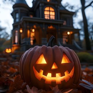 a carved pumpkin sitting on top of leaves in front of a house with lit eyes Calabazas Halloween Photo Halloween, Happy Halloween Pictures, Image Halloween, dark slate gray
