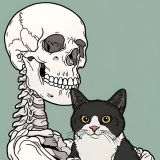 a black and white cat sitting next to a skeleton holding a human skull in it's arms Halloween Skeleton Cat Halloween Iphone, Halloween, Couple Drawing, Estetika, Image Halloween, dark gray
