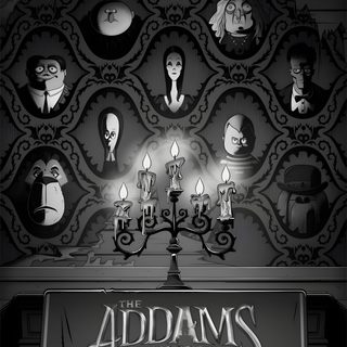 the addams family poster with candles and masks on display in front of an ornate wall Halloween Addams Family Fall Patterns, Family Poster, Family Cartoon, Addams Family Musical, dark slate gray