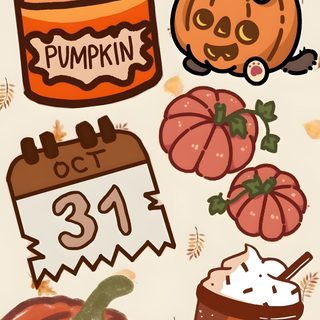 an image of pumpkins and other items on a white background with the words pumpkin spice October Preppy Halloween Cute Halloween Drawings, Fall Drawings, Halloween Iphone Backgrounds, burlywood