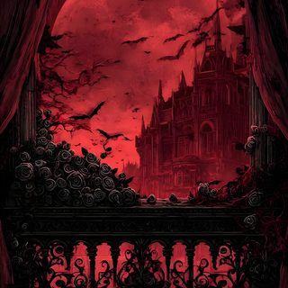 an image of a castle in the background with bats and blood red moon above it Red Halloween Dark Vampire, Black And Red Halloween, Occult Gothic, Gothic Cover,