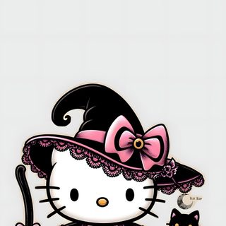 hello kitty halloween wallpaper with a black cat and a pink witch's hat Halloween With Hello Kitty In A Hat Pink Hello Kitty Halloween, Cute Hello Kitty Halloween, Halloween Aesthetic Hello Kitty, gainsboro