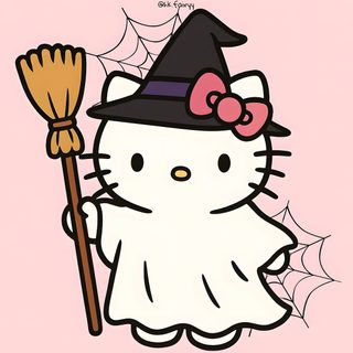 a hello kitty holding a broom and wearing a witch's hat with a spider web on it Halloween With Hello Kitty In A Hat Drawing Of Hello Kitty Halloween, Drawings Halloween Hello Kitty, Hello Kitty Drawing Halloween, misty rose