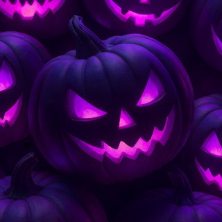 many carved pumpkins with glowing purple lights in the dark, all on top of each other Halloween Purple Happy Halloween Pictures, Scary Photos, Halloween Backgrounds, Samhain Halloween, black