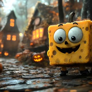 a spongebob halloween scene with pumpkins in the background Spongebob Halloween 4k Spongebob Halloween, Pumpkin, Desktop Images, Halloween Backgrounds, dark olive green