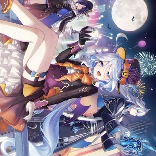 some anime characters are flying through the air with fireworks in the sky above their heads Genshin Impact Halloween Furina Ipad, Fontaine Genshin, Genshin Impact Fontaine, light slate gray