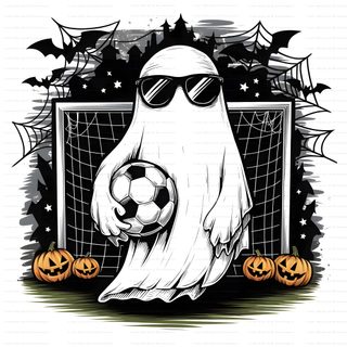 a ghost holding a soccer ball and wearing sunglasses Halloween Soccer Halloween Soccer, Ghost Football Logo, Soccer Pumpkin, Basketball Ghost, snow