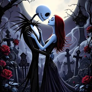 a painting of a couple kissing in front of a full moon with roses around them Halloween Love Background Jack And Sally, Christmas, Halloween Town, dark slate gray