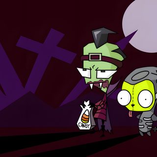 two cartoon characters standing next to each other in front of a dark background with the word v Invader Zim Halloween Invader Zim Photos, Gir Invader Zim Pumpkin, Invader Zim Halloween Spectacular Of Spooky Doom, black
