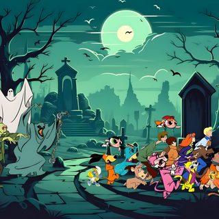 an animated scene with many cartoon characters on the ground and in front of a graveyard Scooby Doo Halloween 1920x1080 Halloween Movie Cartoon Network, Old Cartoon Network Halloween, Cartoon Network Halloween, dark slate gray