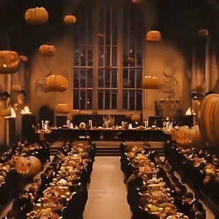 a room filled with lots of tables covered in pumpkins Hogwarts Halloween Desktop Hogwarts Legacy Pumpkins, Harry Potter Autumn Laptop, Harry Potter Aesthetic Halloween, saddle brown