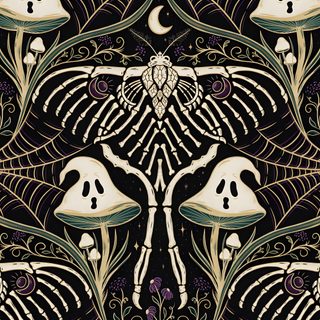 a black and white pattern with skulls, mushrooms and swirly leaves on it's surface Damask Halloween black