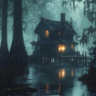 a house that is sitting in the middle of some water with trees and fog around it Halloween Swamp Swamp Houses, Swamp Cottage, Dark Bayou, Swamp House, Spooky Swamp Scenery, dark slate gray
