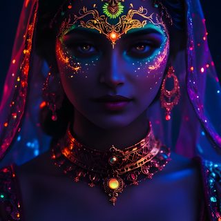 a woman with glowing makeup and headdress Halloween Kali 2 Colorful Glowing Makeup, Creative Makeup Ideas, Fantasy Character Art, black