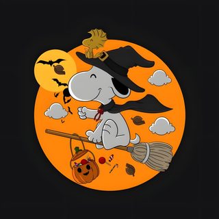 a cartoon dog dressed as a witch flying on a broom with bats and pumpkins Woodstock Halloween Halloween Cute, Snoopy Images, Snoopy Witch, Halloween Snoopy Witch, black