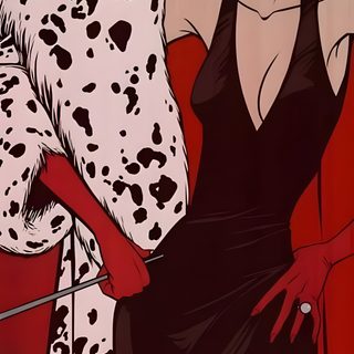 a painting of a woman in black dress with dalmatian fur Halloween Villains Cruella De Ville Cartoon, Cruella Cartoon, Cruella Deville Costume Cartoon, maroon