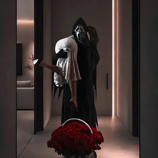 a woman in a black dress and a man in a white robe are hugging each other Hot Halloween Horror Lover, Ghost Face Cosplay, Ms Sethi Clapping, dark slate gray
