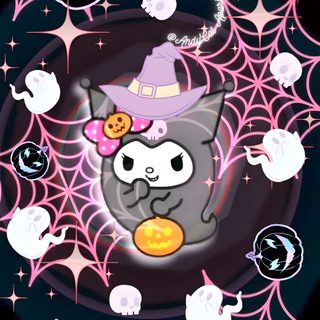 a cartoon cat wearing a witches hat and holding a pumpkin in front of a spider web Sanrio Halloween Gif Hello Kitty Pictures, Hello Kitty, Sanrio Halloween, Halloween, dark slate gray