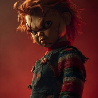 a creepy looking doll with red hair and blue overalls, standing in front of a red background Halloween Chucky Scary Chucky, Red, maroon