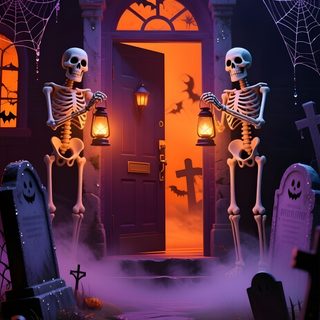 two skeletons in front of a house decorated for halloween Halloween Party Halloween Cemetery, Halloween Scene Background, Halloween Haunted Mansion Background, dark slate gray