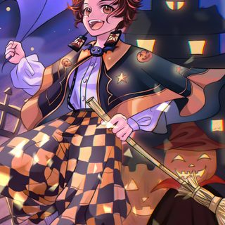 a woman dressed as a witch flying through the air Halloween Demon Slayer Demon Slayer Halloween Backgrounds, Tanjiro Halloween Fanart, Demon Slayer Halloween, dim gray