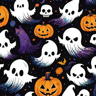 a group of halloween pumpkins and ghost heads on a black background with white skulls Halloween Monster Pattern Cute Ghost And Pumpkin Background, Ghost Background, Ghost And Pumpkin Background, dark slate gray