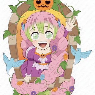an anime character with pink hair and green eyes sitting in a chair surrounded by birds Mitsuri Halloween Mitsuri Halloween Pfp, Halloween Mitsuri Pfp, Mitsuri Halloween, Halloween Mitsuri, linen