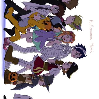 a group of cartoon characters standing next to each other Digimon Halloween Digimon World Full Map, Digimon Crossover, Digimon Tai Fanart, Digimon Tamers, white
