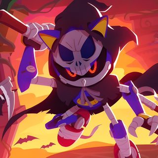 an animated character holding two swords in front of a halloween scene with bats and pumpkins Halloween Sonic Fall Into The Void Sonic, Halloween Sonic Pfp, Sonic Adventure 2 Ghost, brown