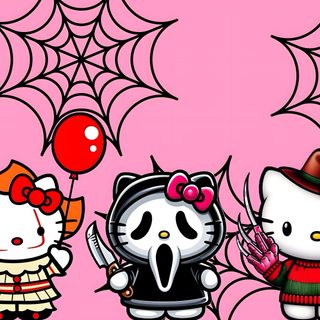 two hello kitty dolls are standing next to each other in front of a spider web Hello Kitty Halloween Ipad Hello Kitty Halloween For Ipad, Cute Spooky Desktop, Cute Halloween For Ipad, light pink