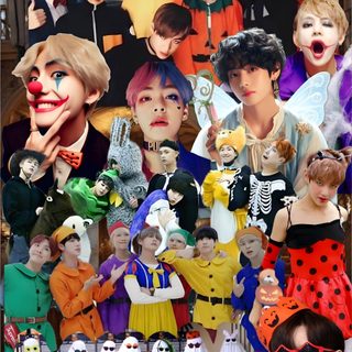 a collage of people dressed up in halloween costumes, including clowns and cats Bts Halloween Bts Halloween Costume, sienna