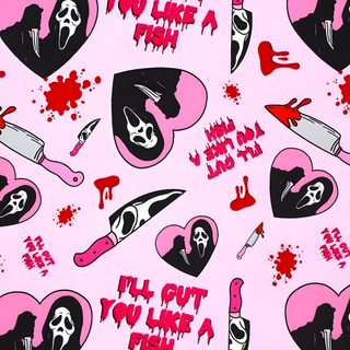a pink background with black and red hearts, knifes, and skulls on it Pink Halloween Ghostface Halloween Iphone Backgrounds, Halloween Backgrounds, Halloween Cute, lavender blush
