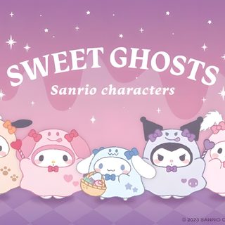 some cute little ghost characters standing in front of a purple background with the words sweet ghosts sanrio characters Halloween Sanrio Desktop Sanrio For Laptop, Purple Sanrio Laptop, Sanrio Fall Laptop, Sanrio Ghost, plum