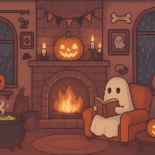 a living room decorated for halloween with pumpkins on the fireplace and ghost reading a book Halloween Computer Fall Computer Backgrounds, Desktop Fall, Halloween Desktop, October, Reading, saddle brown