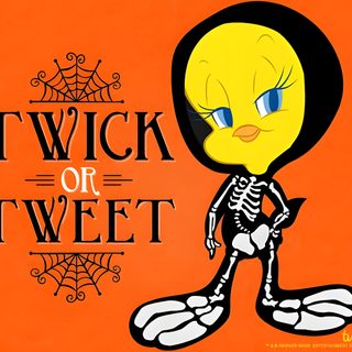 an image of a cartoon character with the words twick or tweet Tweety Bird Halloween Looney Tunes Halloween, Gangsta Tweety Bird, Scary Tweety, Evil Tweety Bird, orange red