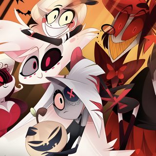 several cartoon characters are standing together in front of an orange background with black and white cats Hazbin Hotel Halloween Hazbin Hotel Journey To The Light, Root Of All Evil Hazbin Hotel, Hazbin Hotel The Three Vs, sienna