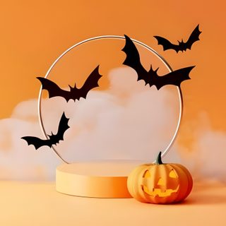 a pumpkin with bats flying around it Halloween Podium Halloween Podium, Halloween Themed Product Photoshoot, Halloween Product Photoshoot, peru