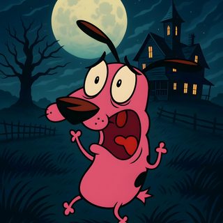 an animated pink dog running in front of a house at night with the moon behind it Cartoon Network Halloween Courage The Cowardly Dog Screensaver, Cartoon Network Halloween, Lock Screen Aesthetic Courage The Cowardly Dog, black
