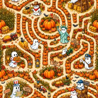 Detailed repeating pattern showing a pumpkin patch maze with cute ghosts, tractors, lanterns, pumpkins, corn fields, hay bales, and harvest festival elements in warm autumn colors. Halloween Maze Otomi Embroidery Playmat Ghost Pumpkin, Harvest Festival, Pumpkin Pattern, chocolate