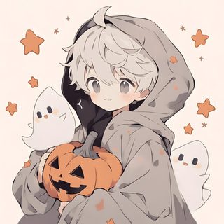 an anime character holding a pumpkin in front of some ghost like creatures and wearing a hoodie Halloween Boy Cute Halloween Anime Pfp, Halloween Pfp Boy, Matching Halloween Pfps Boys, gainsboro