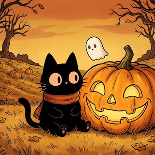a black cat sitting next to a jack - o'- lantern in a field Halloween Cat 4k sienna