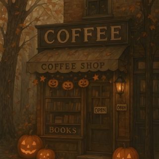 a painting of a coffee shop with pumpkins Rustic Halloween Spooky Fall Aesthetic, Cozy Halloween Aesthetic, Spooky Autumn Aesthetic, dark slate gray