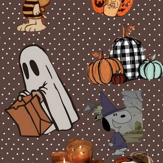 a group of cartoon characters with pumpkins, candles and other items in the background Happy Halloween Snoopy Halloween dark olive green