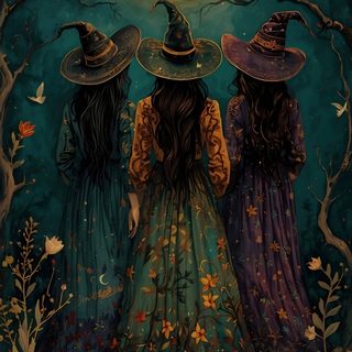 three witches looking at the full moon with books in their hands and trees around them Halloween Season Of The Witch Witch, Witch Pictures, Witchy, Witch Aesthetic, Witch Art, Witchy Vibes, black