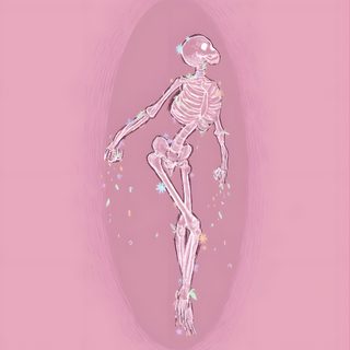 a drawing of a human skeleton on a pink background with sparkles around its legs Pink Halloween Skeleton Pink Skeleton Iphone, Pastel Pink Aesthetic Pfp, Pretty Pink Aesthetic,