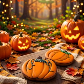 pumpkins and jack - o'- lantern cookies on a table in the woods Halloween Cookie saddle brown